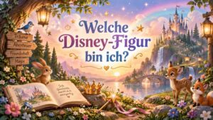 Märchenhaftes Bild mit niedlichen Tieren und der Aufschrift: "Welche Disney-Figur bin ich?"