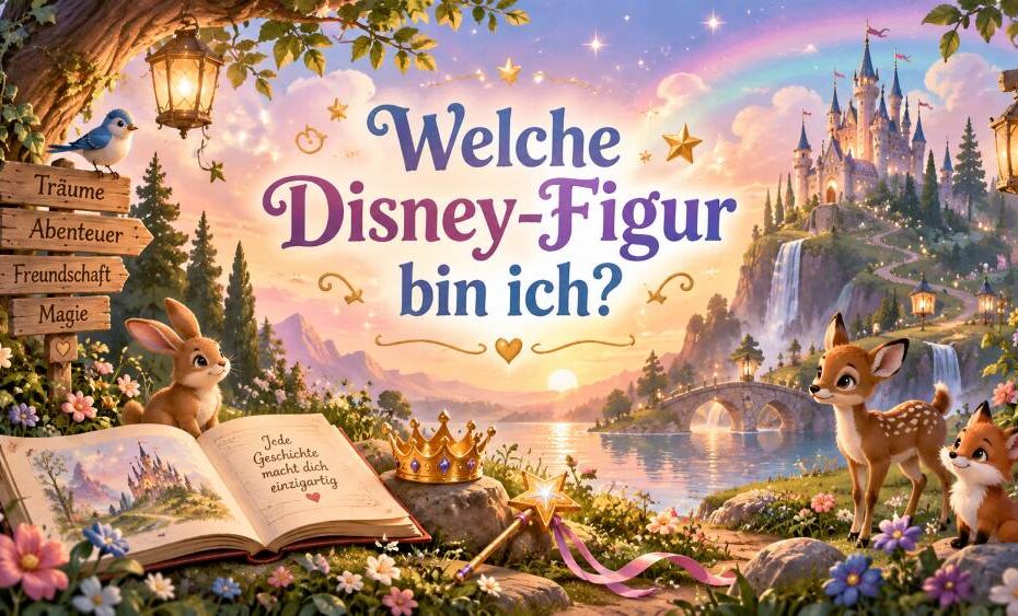 Märchenhaftes Bild mit niedlichen Tieren und der Aufschrift: "Welche Disney-Figur bin ich?"