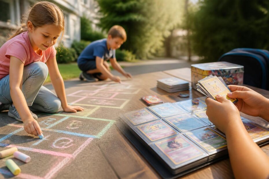Kreidespiele auf dem Gehsteig oder Sammelkarten: Kinderspaß im Vergleich